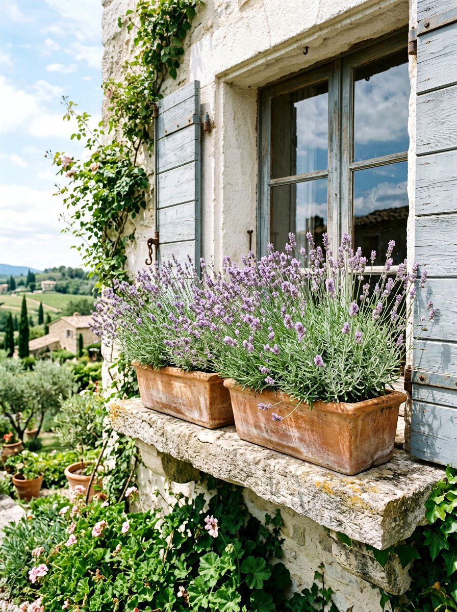 Lavender window sill planters - 25 Spring Porch Flower Pot Ideas