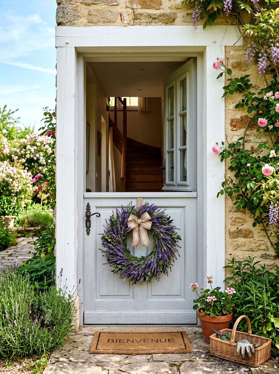 Lavender wreath for front door - 25 Spring Dutch Door Decor Ideas