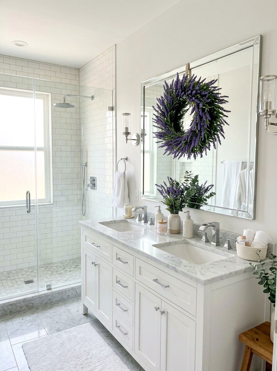 Lavender wreath on bathroom mirror - 25 Spring Wreath on Mirror Ideas
