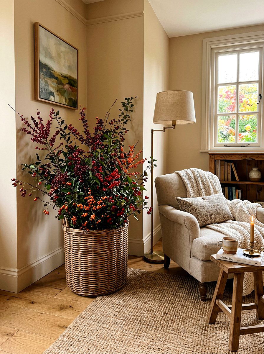 Layered Berry Branches In Woven Basket - 25 Spring Berry Branch Decor Ideas