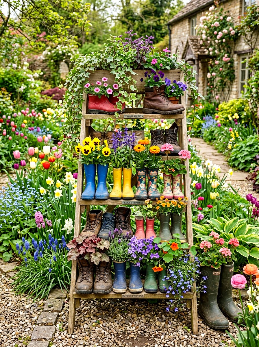 Layered Boot Flower Display - 25 Spring Boot Planter Ideas