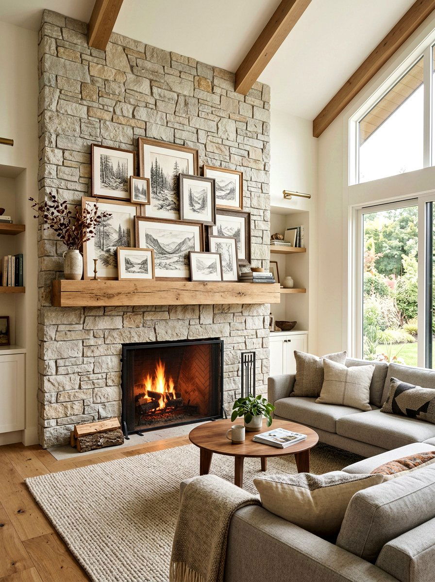 Layered Frame Mantel - 25 Spring Stone Fireplace Decor Ideas
