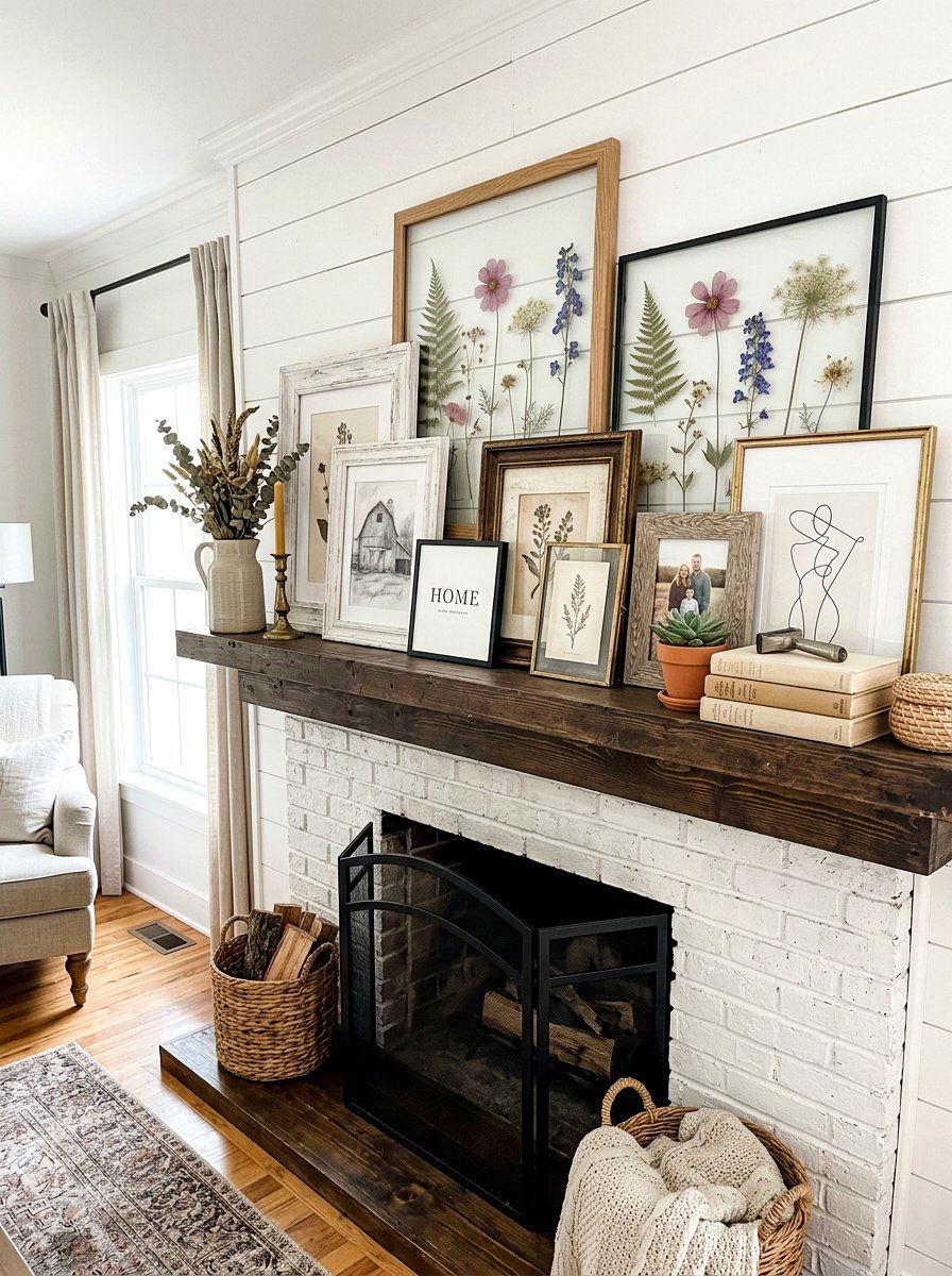 Layered Frames On Mantel - 25 Spring Mantel Vignette Ideas