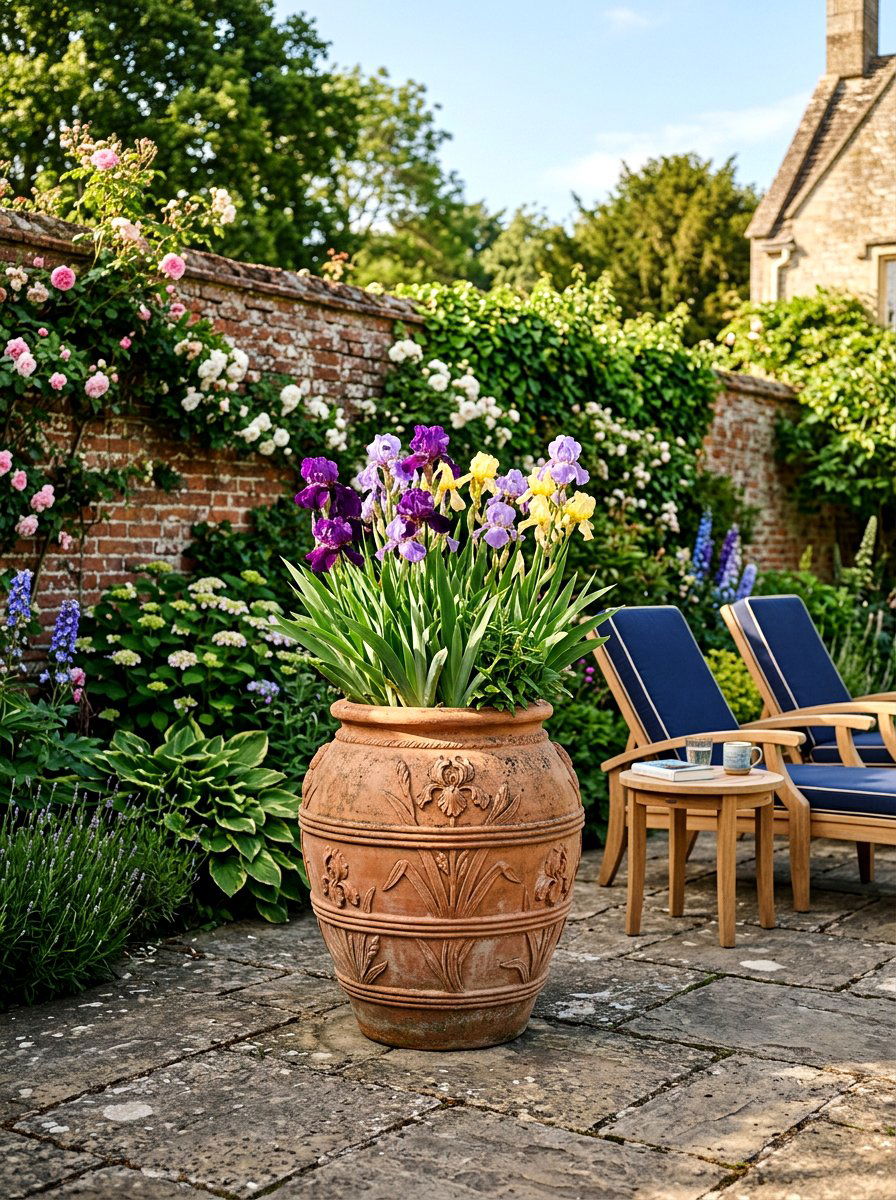 Layered Iris Terracotta Pot - 25 Spring Iris Arrangement Ideas