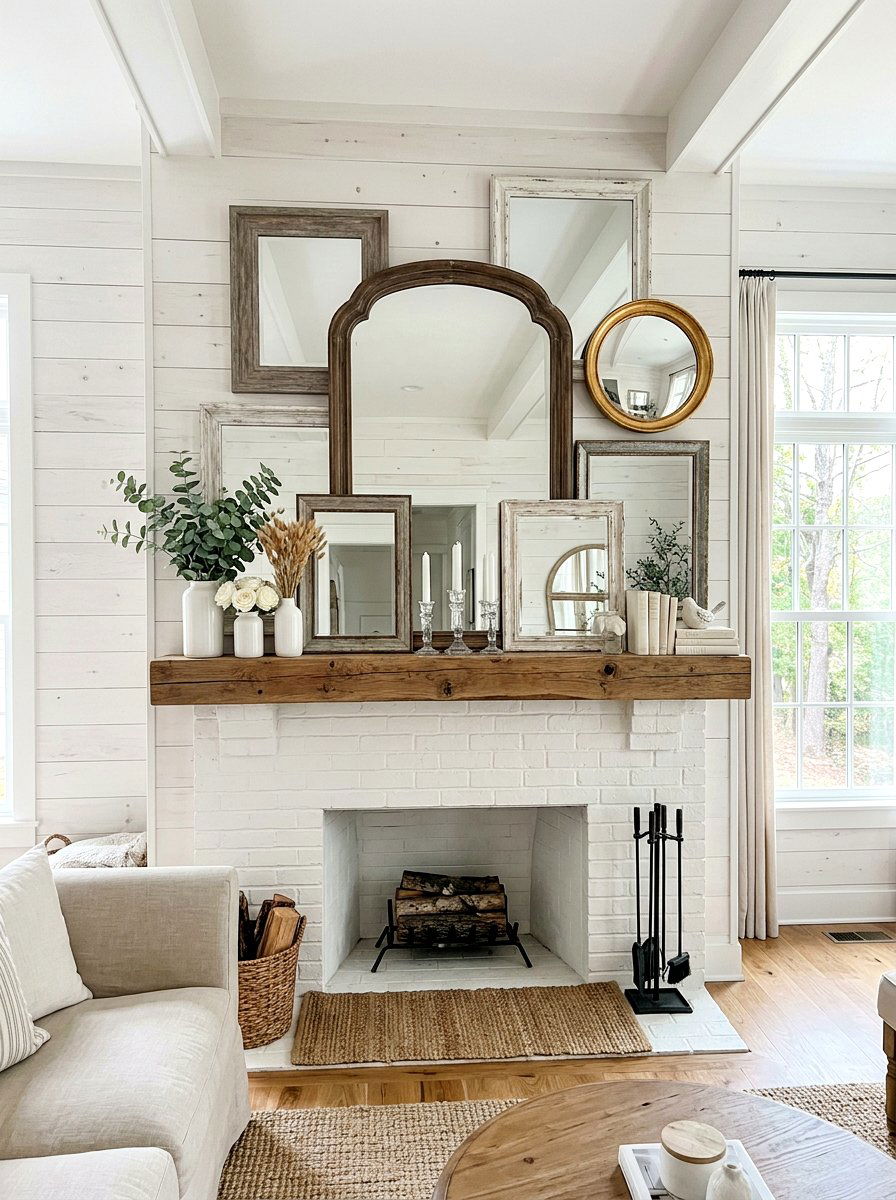 Layered Mirror Mantel - 25 Spring Farmhouse Fireplace Ideas