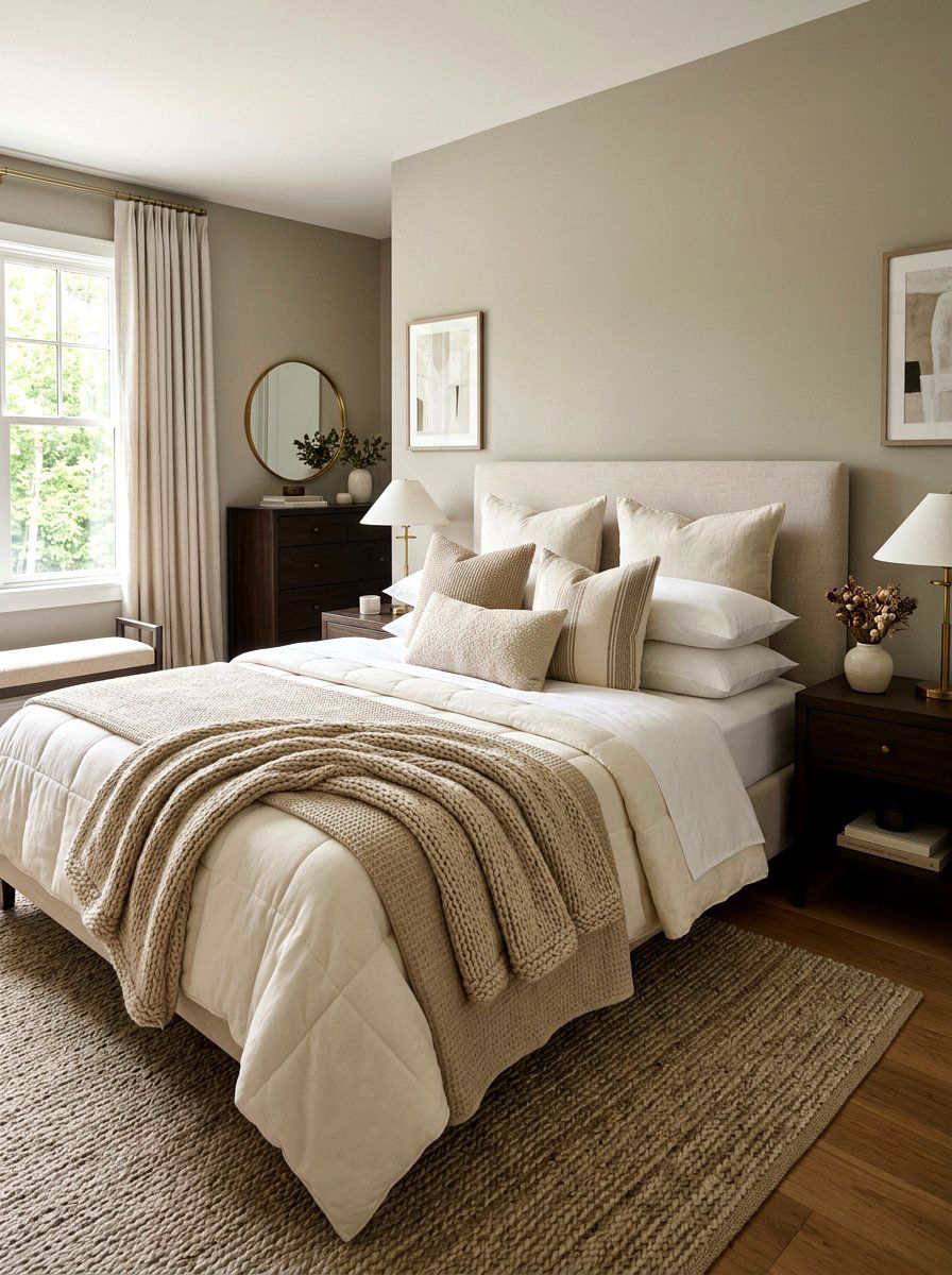 Layered Neutral Bedding - 25 Spring Bedroom Decor Ideas