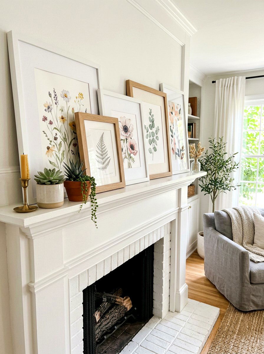 Layered Picture Frame Mantel - 25 Spring Fireplace Decor Ideas