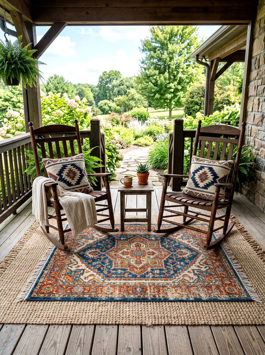 Layered Porch Rugs - 25 Spring Porch Rocking Chair Decor Ideas