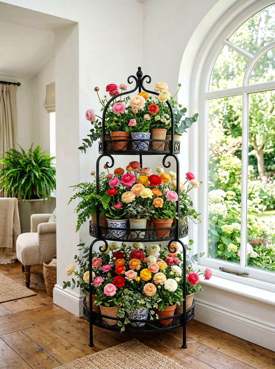 Layered Ranunculus Tiered Stand - 25 Spring Ranunculus Planter Ideas