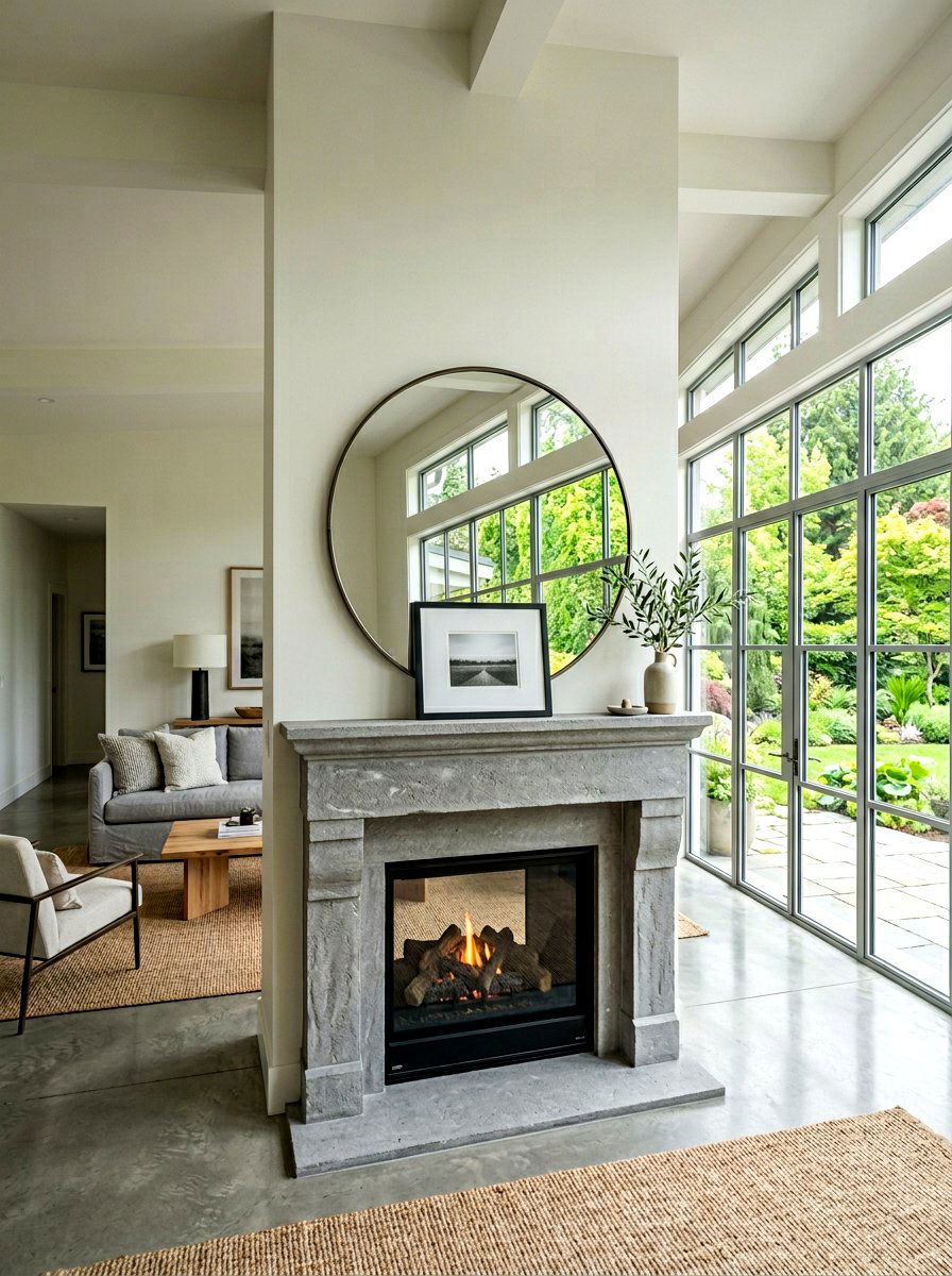Layered Round Mirror - 25 Spring Modern Mantel Ideas