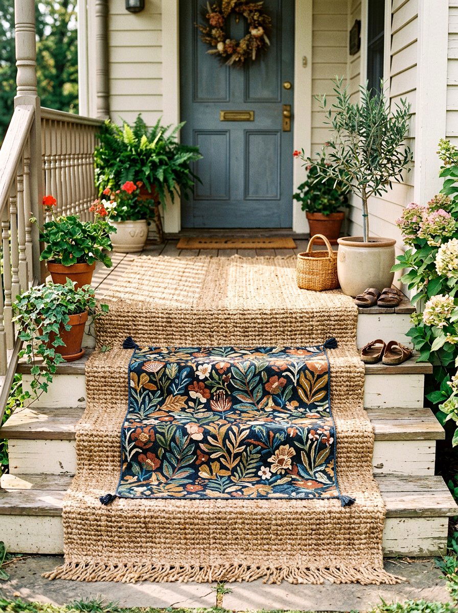 Layered Rug On Porch Steps - 25 Spring Outdoor Staircase Decor Ideas