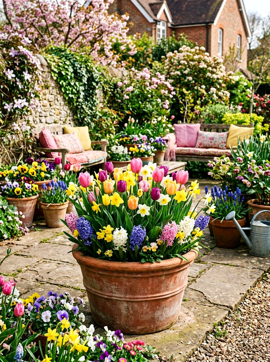 Layered Spring Bulb Containers - 25 Spring Patio Planter Arrangement Ideas