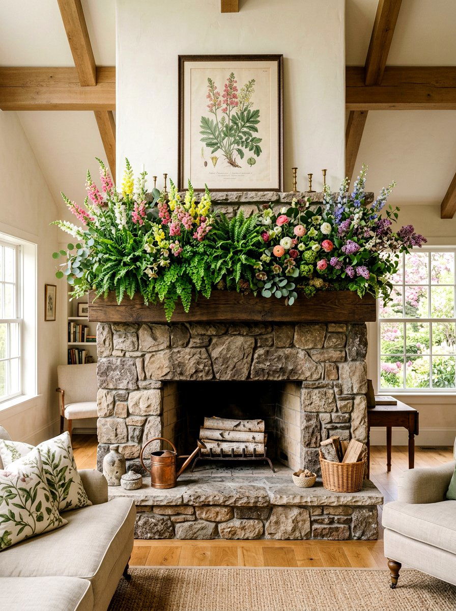 Layered Spring Greenery Blooms - 25 Spring Mantel Floral Ideas