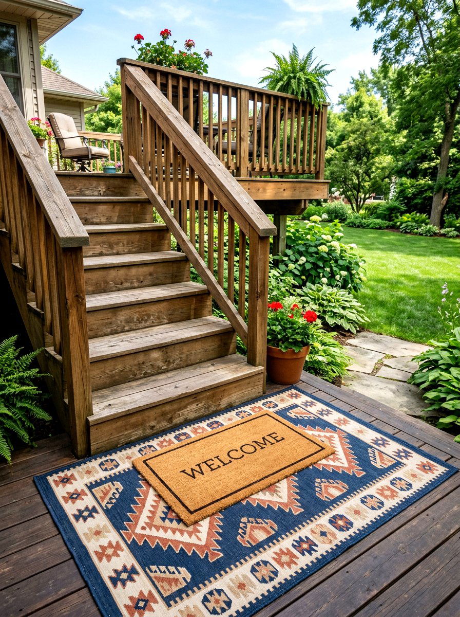 Layered doormats - 25 Spring Deck Staircase Decor Ideas