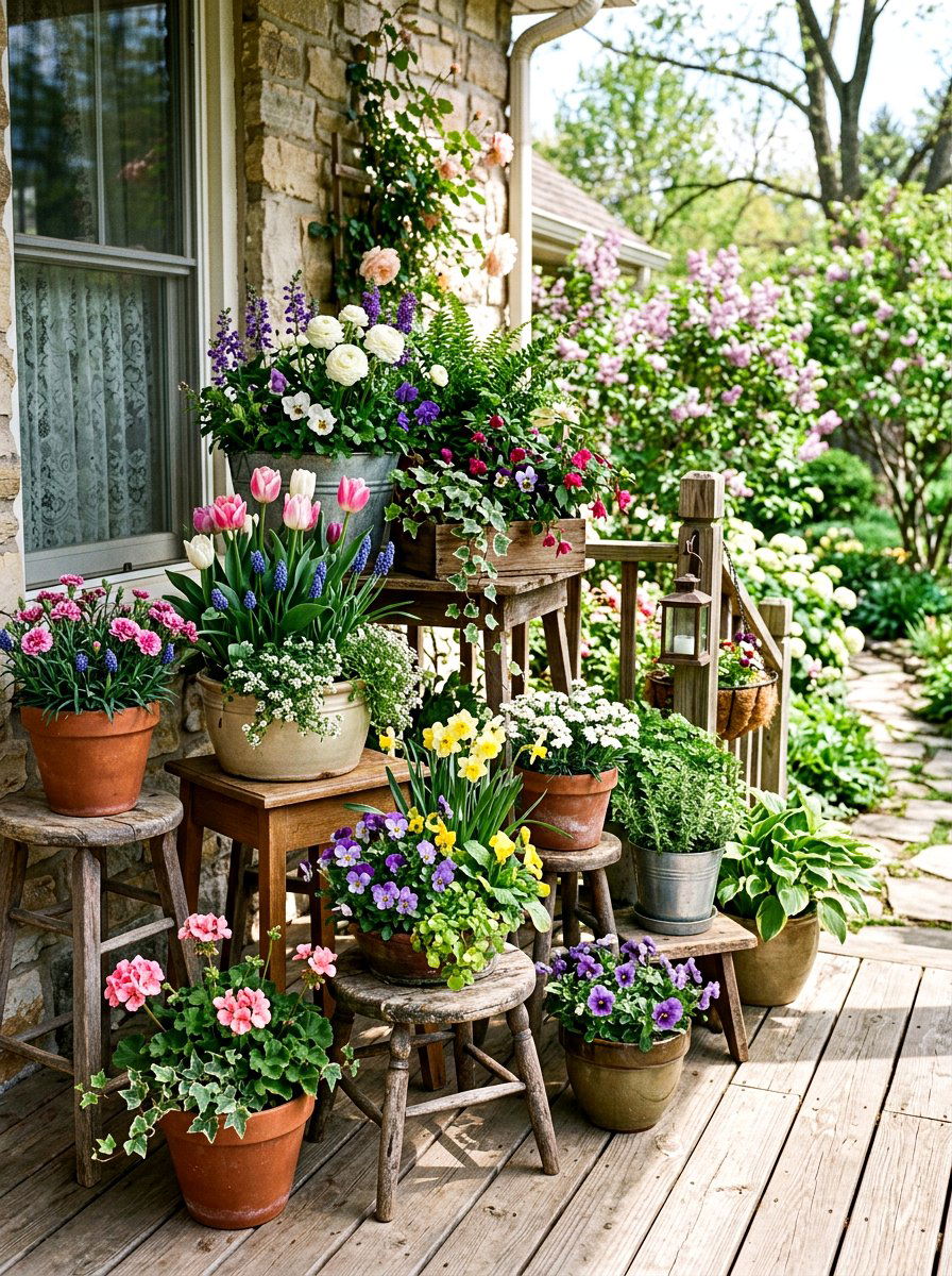 Layered height porch containers - 25 Spring Porch Flower Pot Ideas