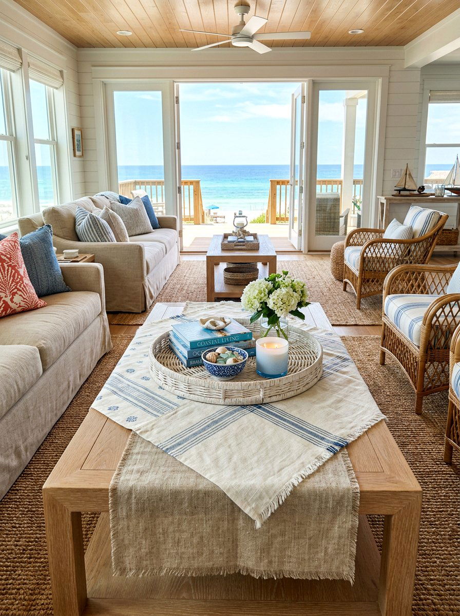 Layered linen runner tray - 25 Spring Coffee Table Styling Ideas