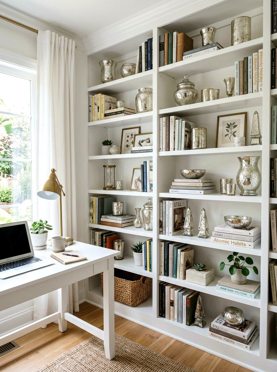 Layered mercury glass on bookshelf - 25 Spring Mercury Glass Decor Ideas