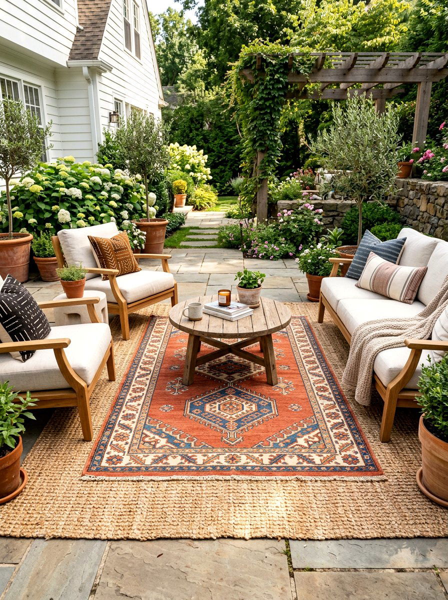 Layered outdoor rugs - 25 Patio Spring Decor Ideas