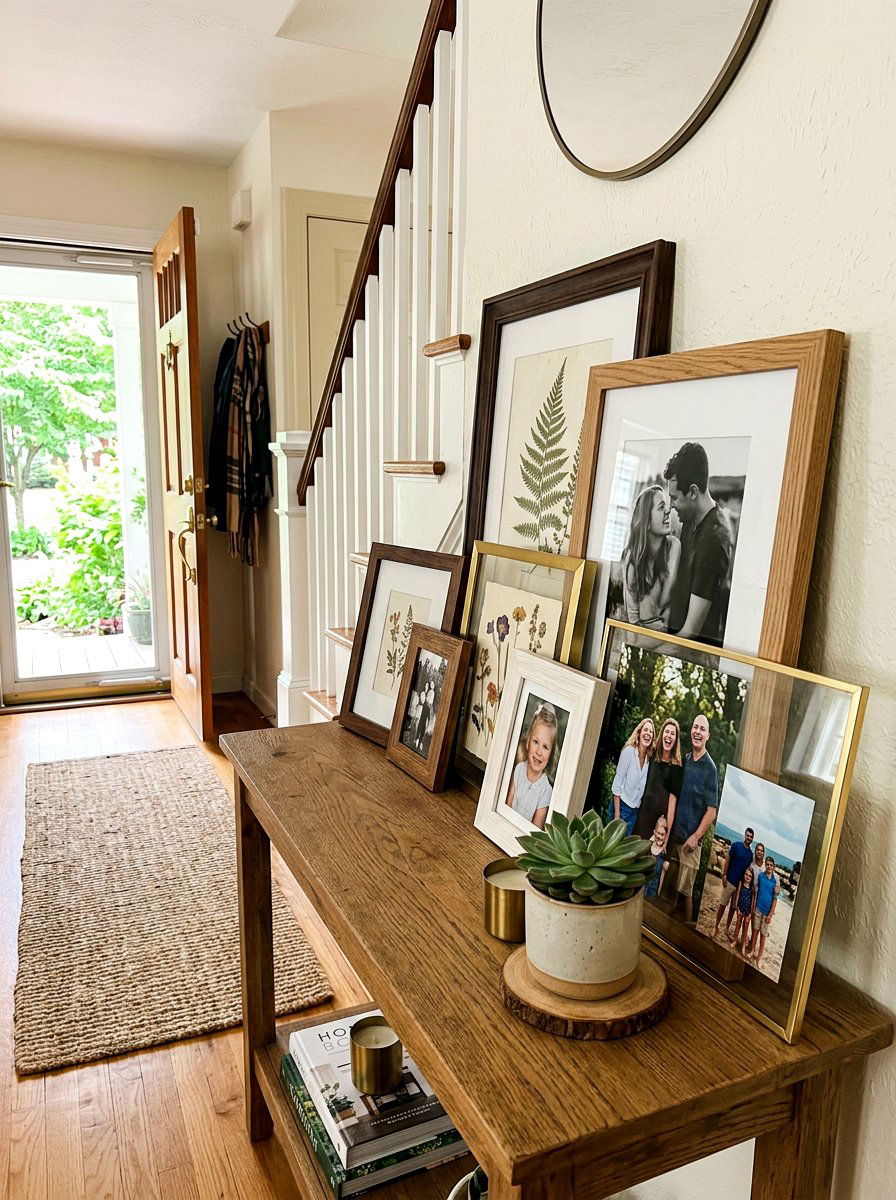 Layered photo frame - 25 Spring Hallway Table Decor Ideas