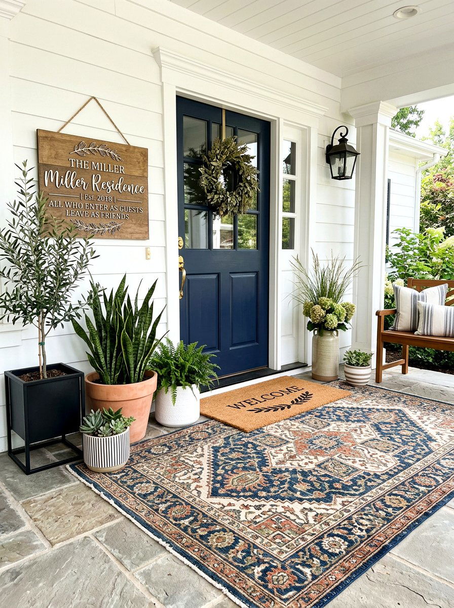 Layered rug and sign combo - 25 Spring Porch Sign Ideas