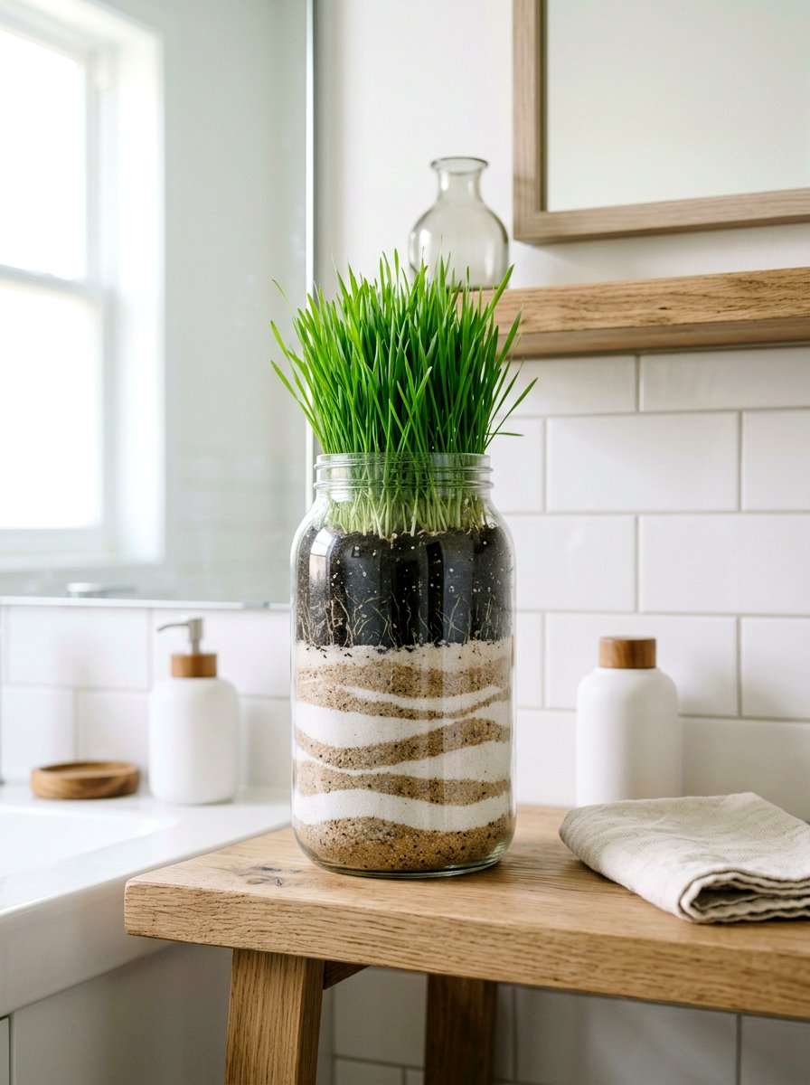 Layered sand wheatgrass jar - 25 Spring Wheatgrass Centerpiece Ideas