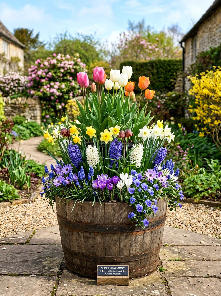 Layered spring bulb pot - 25 Spring Bulb Garden Ideas