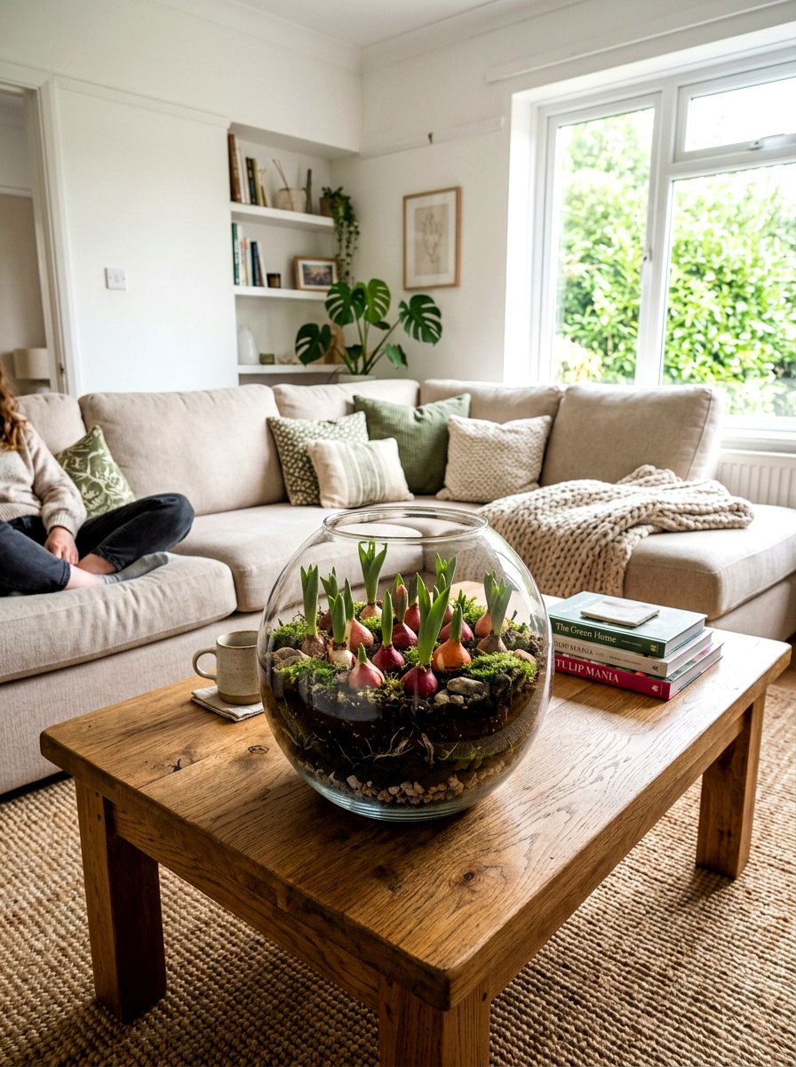 Layered tulip bulbs in large glass terrarium - 25 Spring Tulip Bulb Vase Ideas