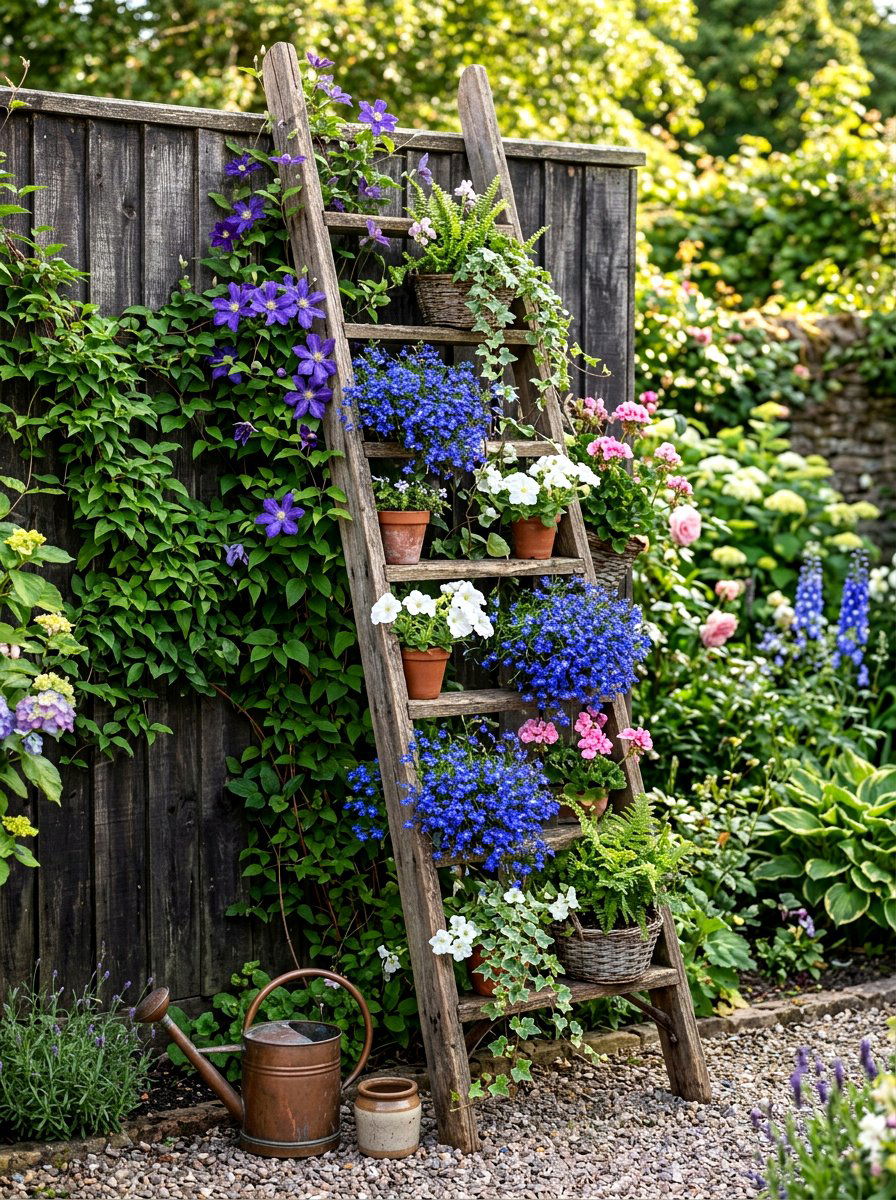 Lean to Ladder Floral Arrangement - 25 Spring Garden Ladder Display Ideas