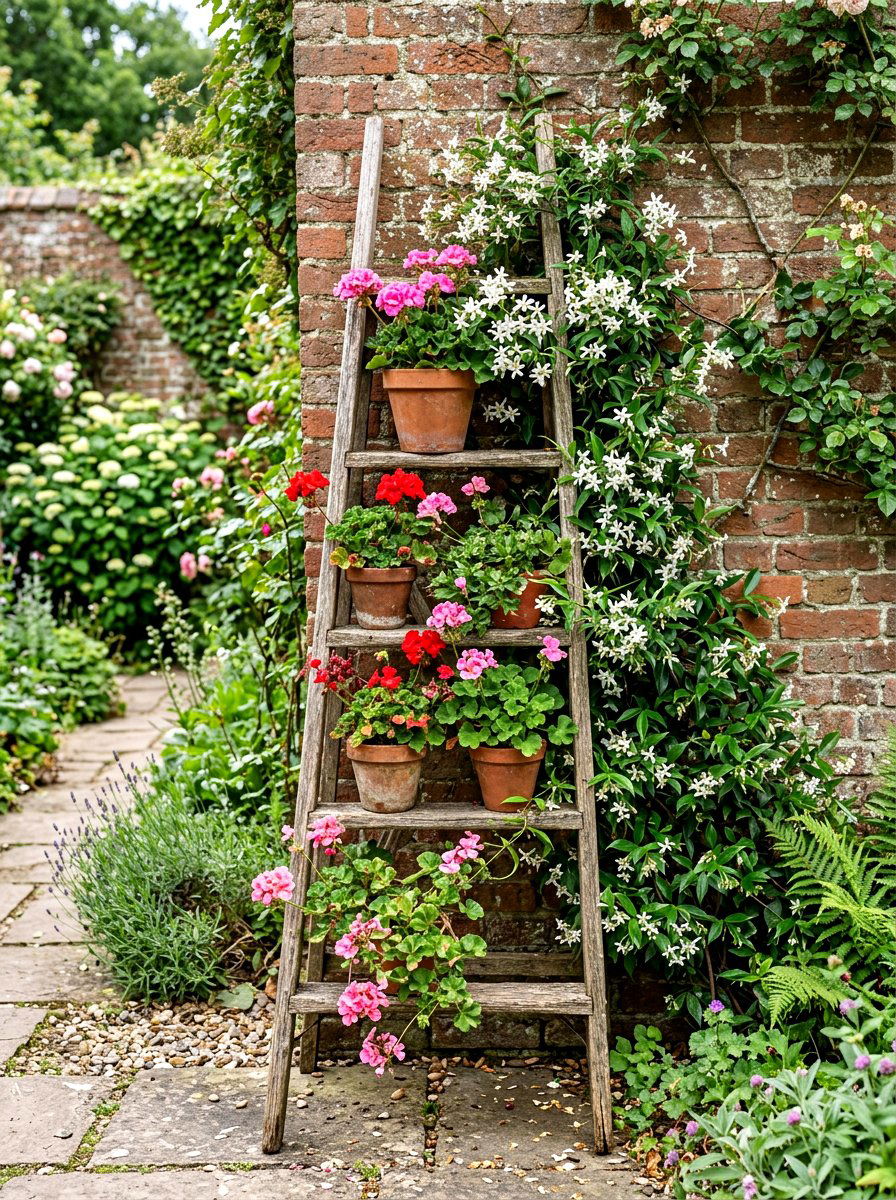 Lean to ladder flower stand - 25 Spring Outdoor Ladder Decor Ideas