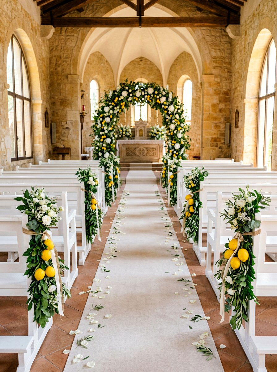 Lemon And Greenery Accents - 25 Spring Wedding Pew Decor Ideas