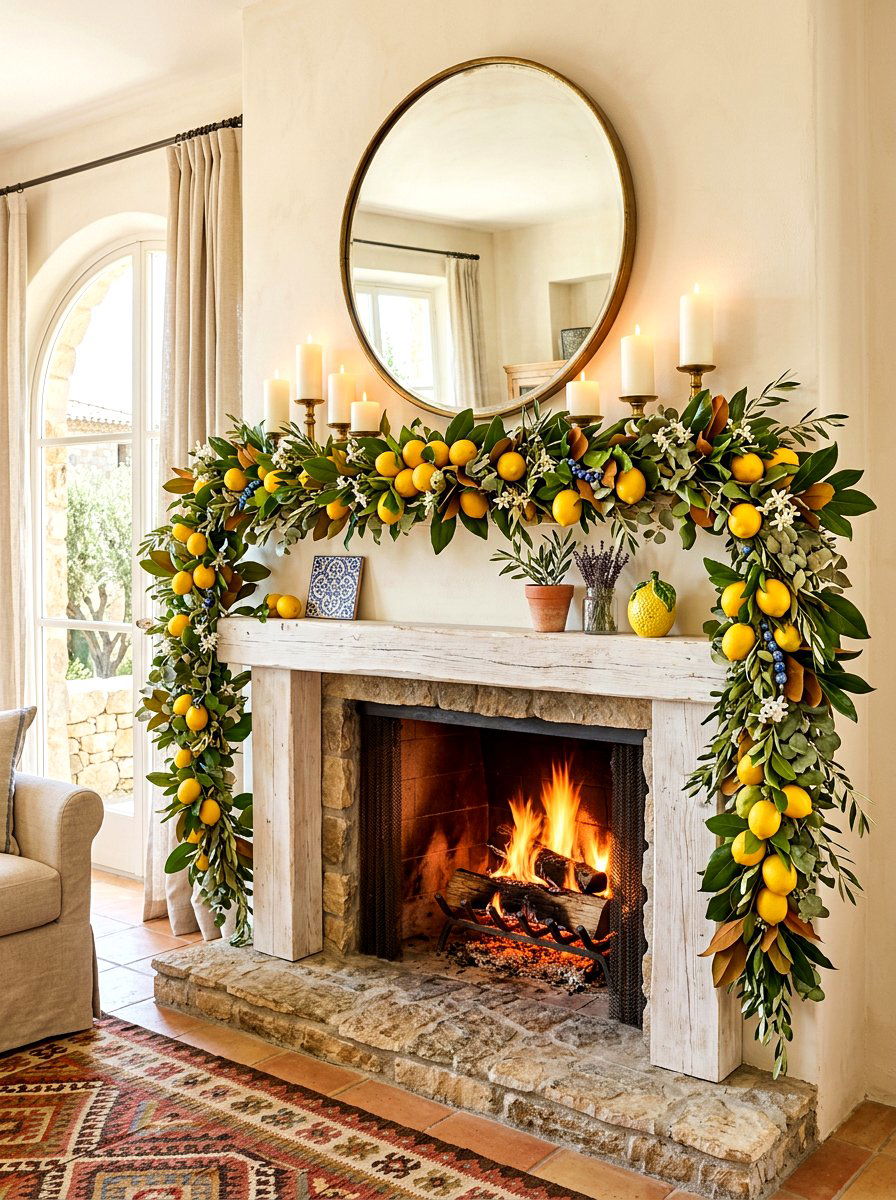 Lemon And Greenery Garland - 25 Spring Mantel Vignette Ideas
