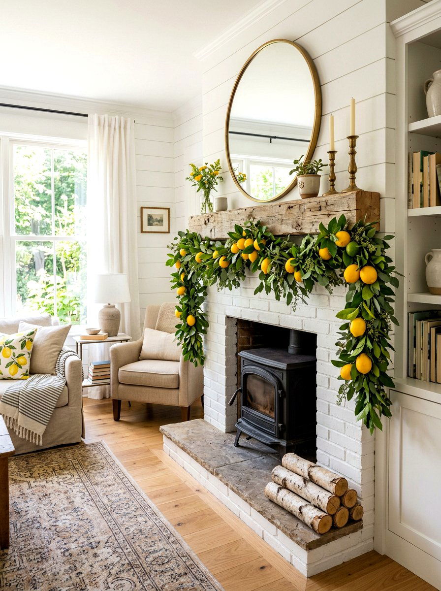 Lemon Greenery Rustic Mantel - 25 Spring Rustic Mantel Ideas