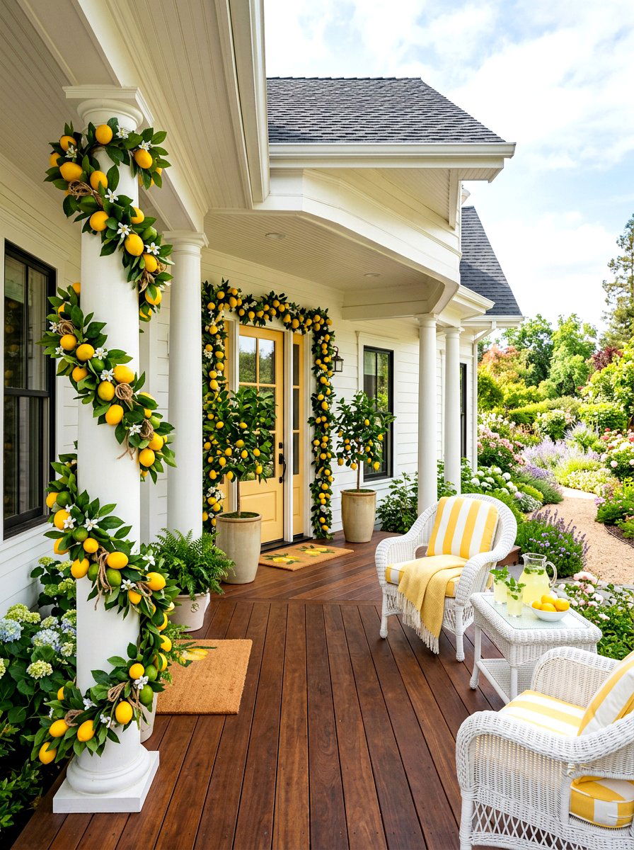 Lemon Theme Porch Garland - 25 Spring Porch Column Decor Ideas