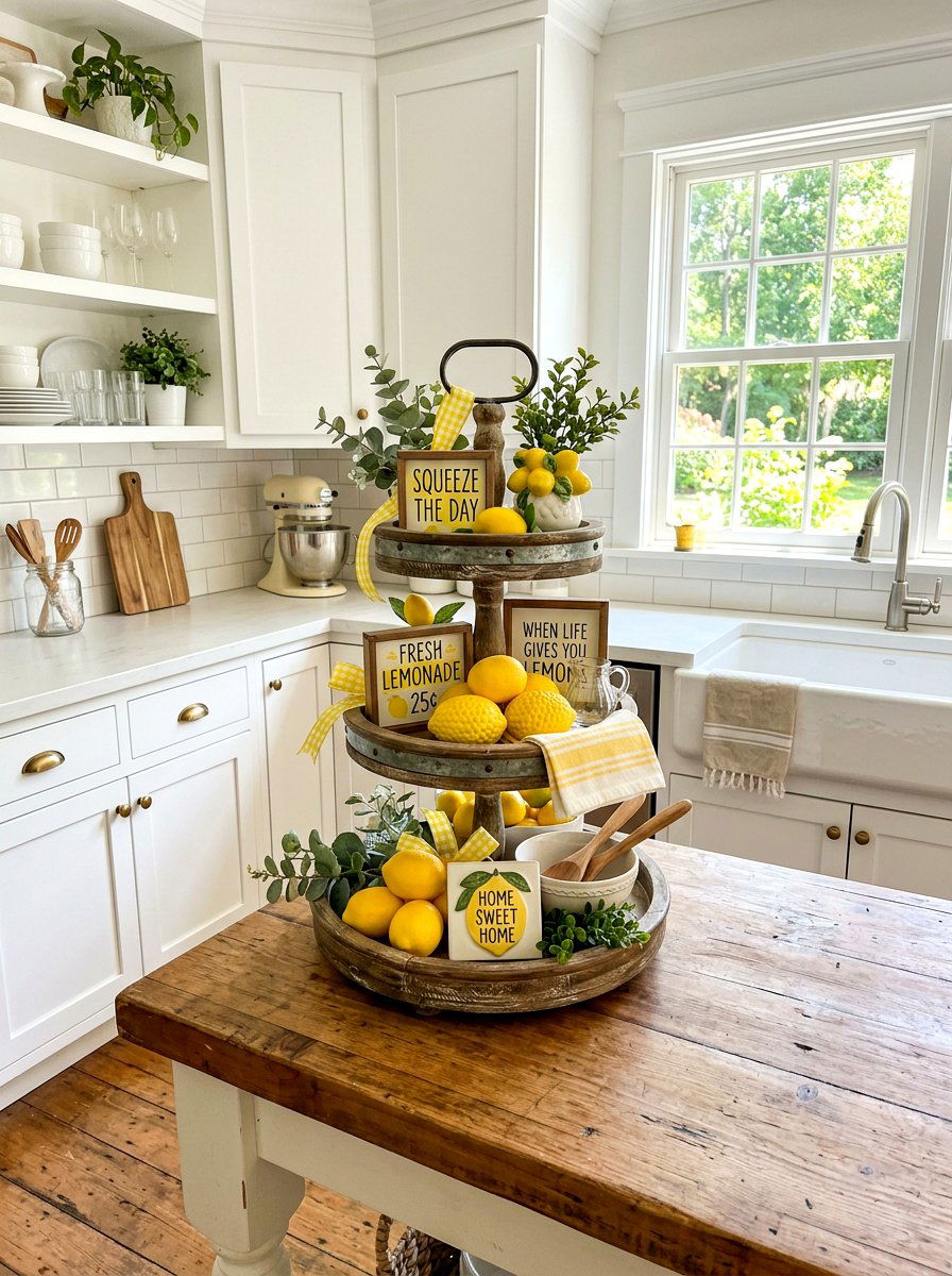Lemon Themed Tiered Tray - 25 Spring Citrus Decor Ideas