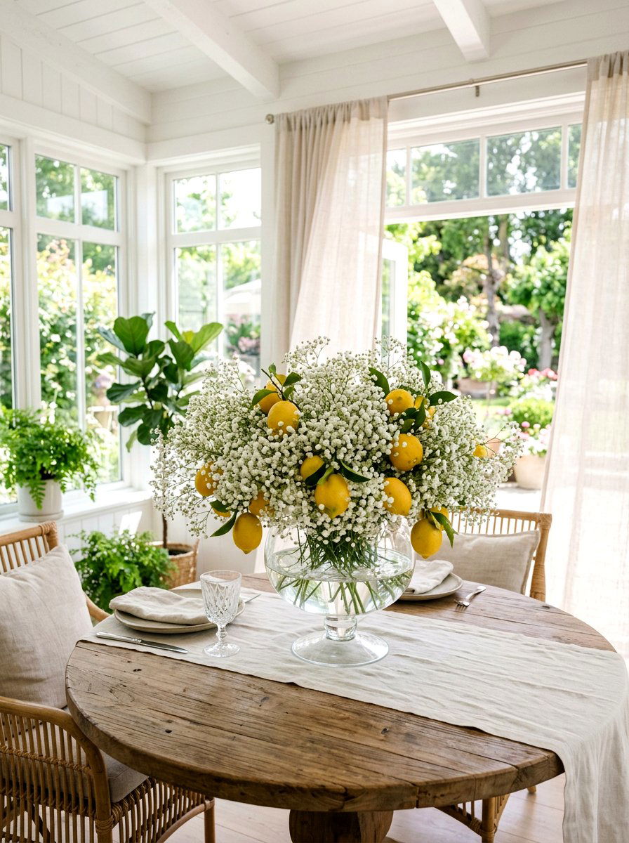 Lemon and babys breath centerpiece - 25 Spring Lemon Centerpiece Ideas
