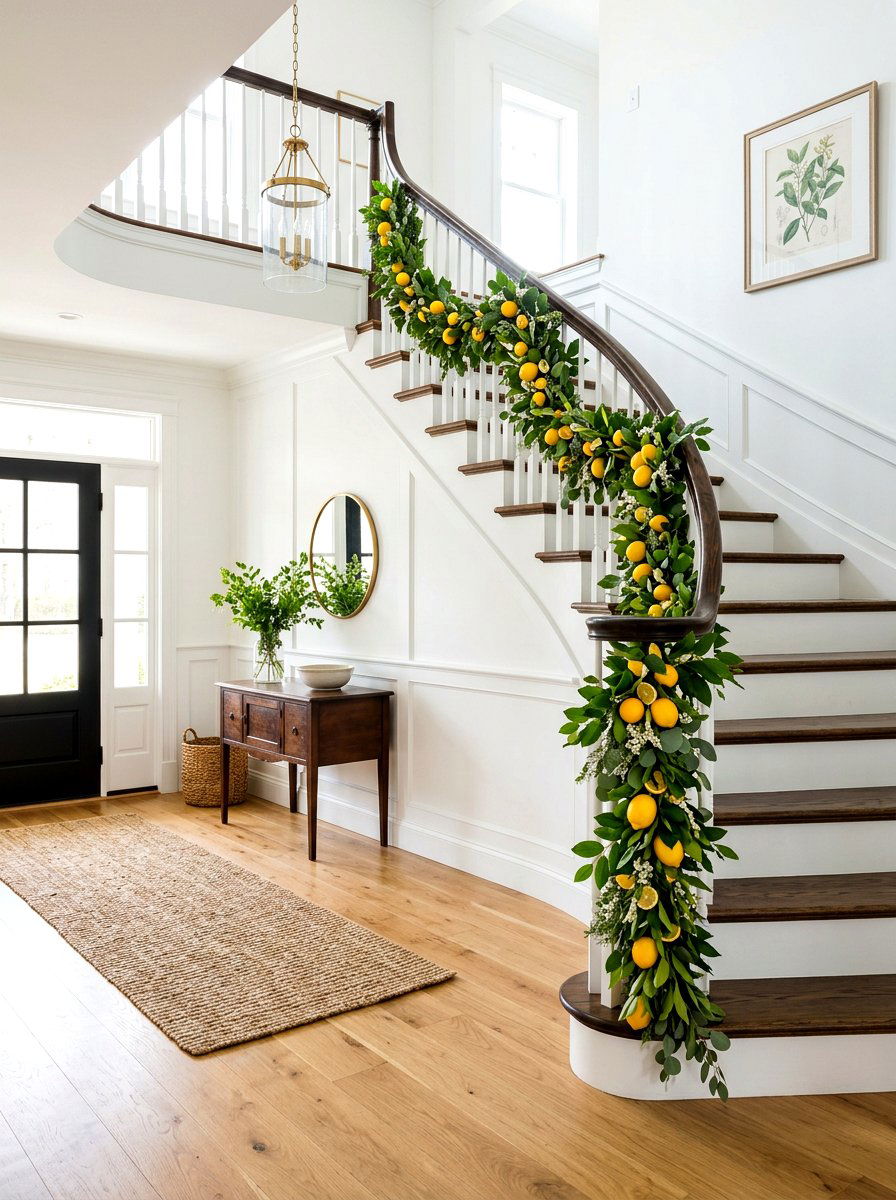 Lemon and greenery staircase - 25 Spring Staircase Decor Ideas