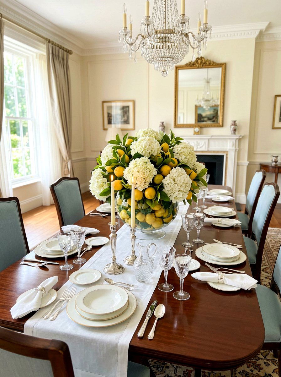 Lemon and hydrangea centerpiece - 25 Spring Lemon Centerpiece Ideas