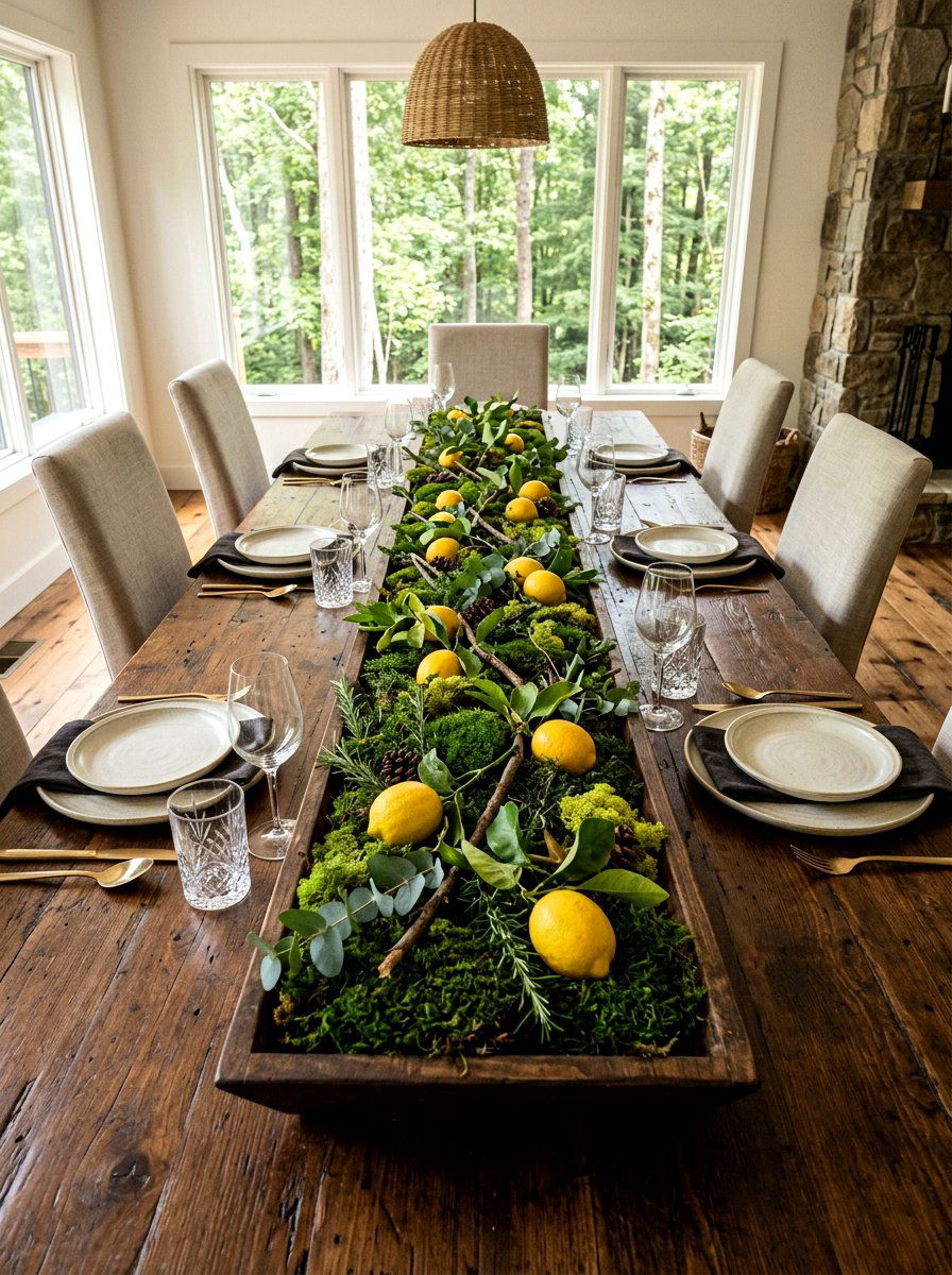Lemon and moss table display - 25 Spring Lemon Centerpiece Ideas