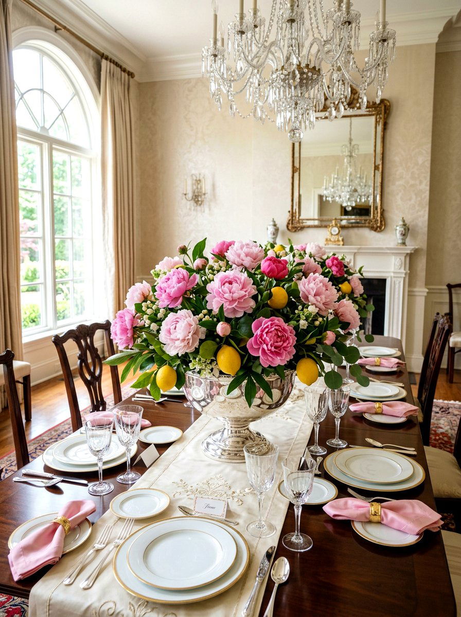 Lemon and peony table decor - 25 Spring Lemon Centerpiece Ideas
