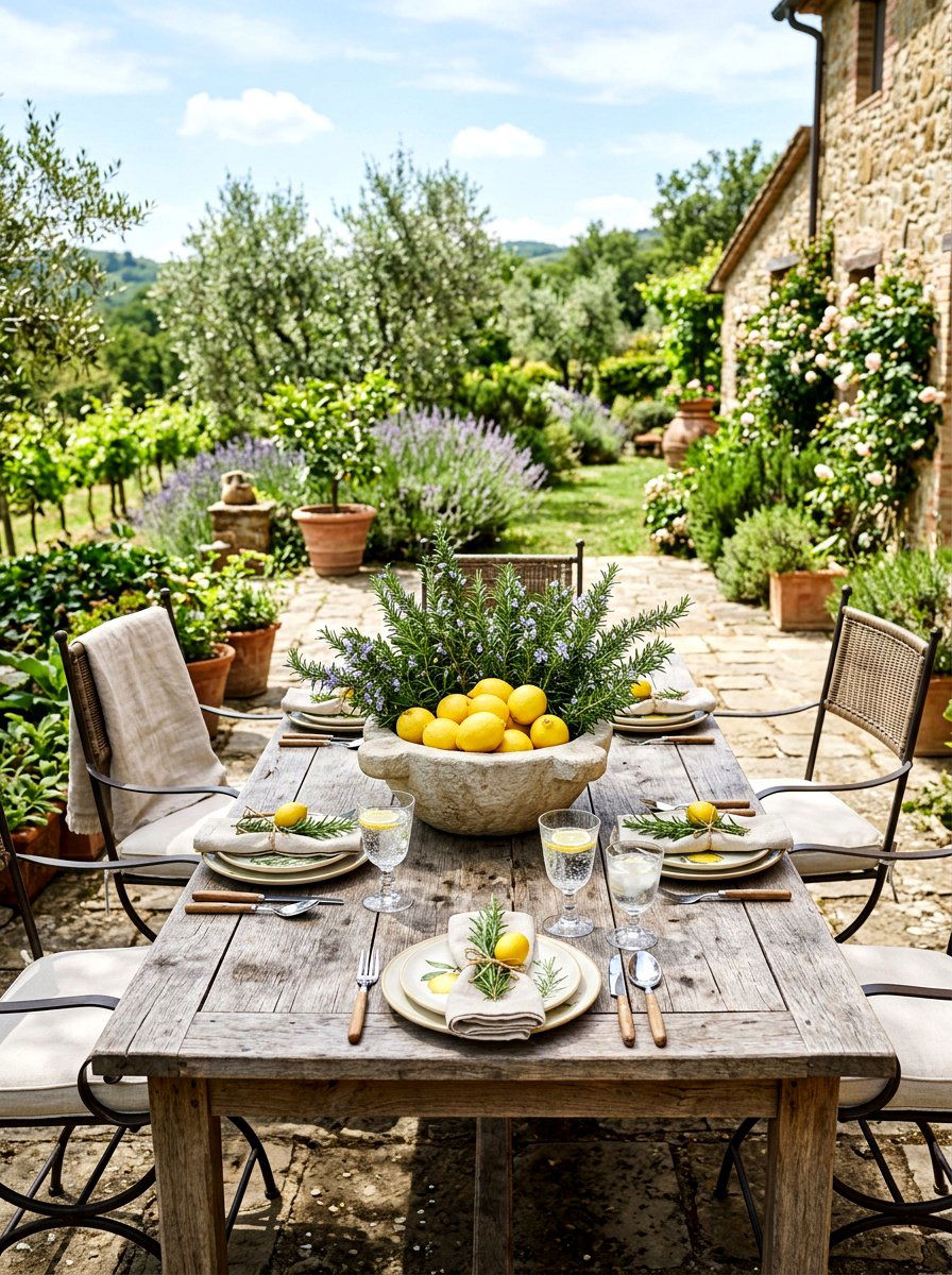 Lemon and rosemary outdoor table - 25 Spring Lemon Centerpiece Ideas