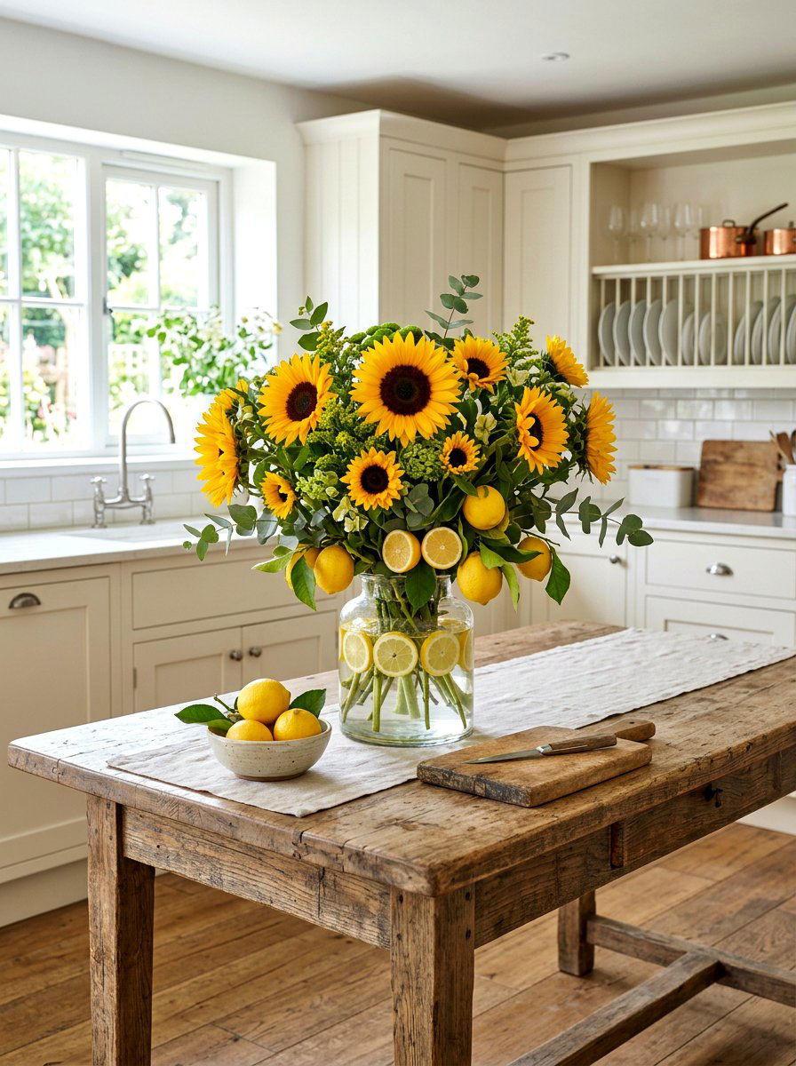 Lemon and sunflower arrangement - 25 Spring Lemon Centerpiece Ideas