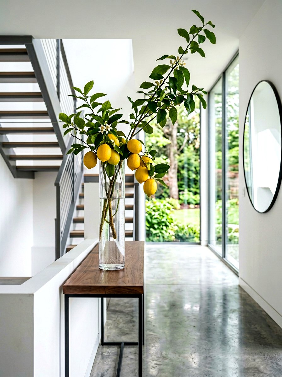 Lemon branch in tall glass vase - 25 Spring Lemon Centerpiece Ideas