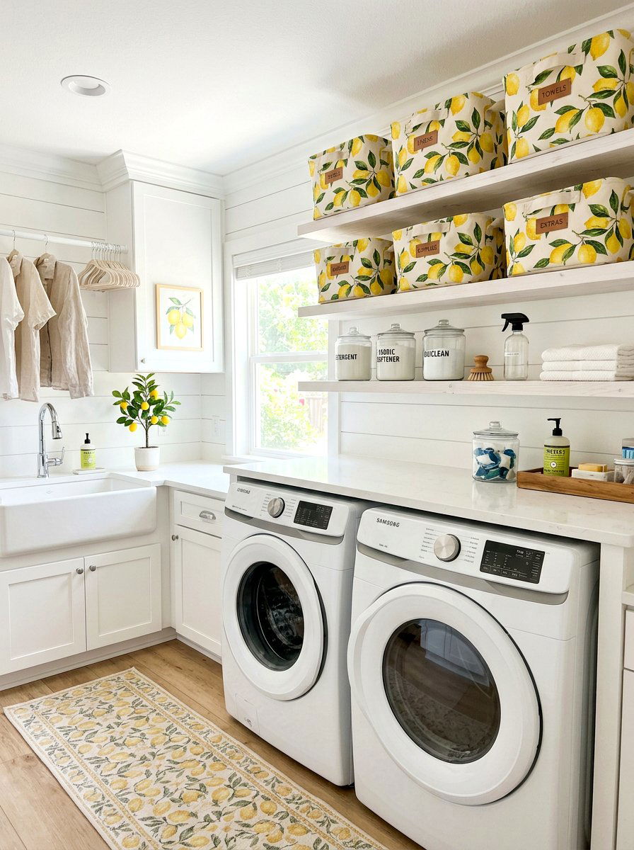 Lemon pattern storage baskets for laundry room - 25 Spring Lemon Decor Ideas