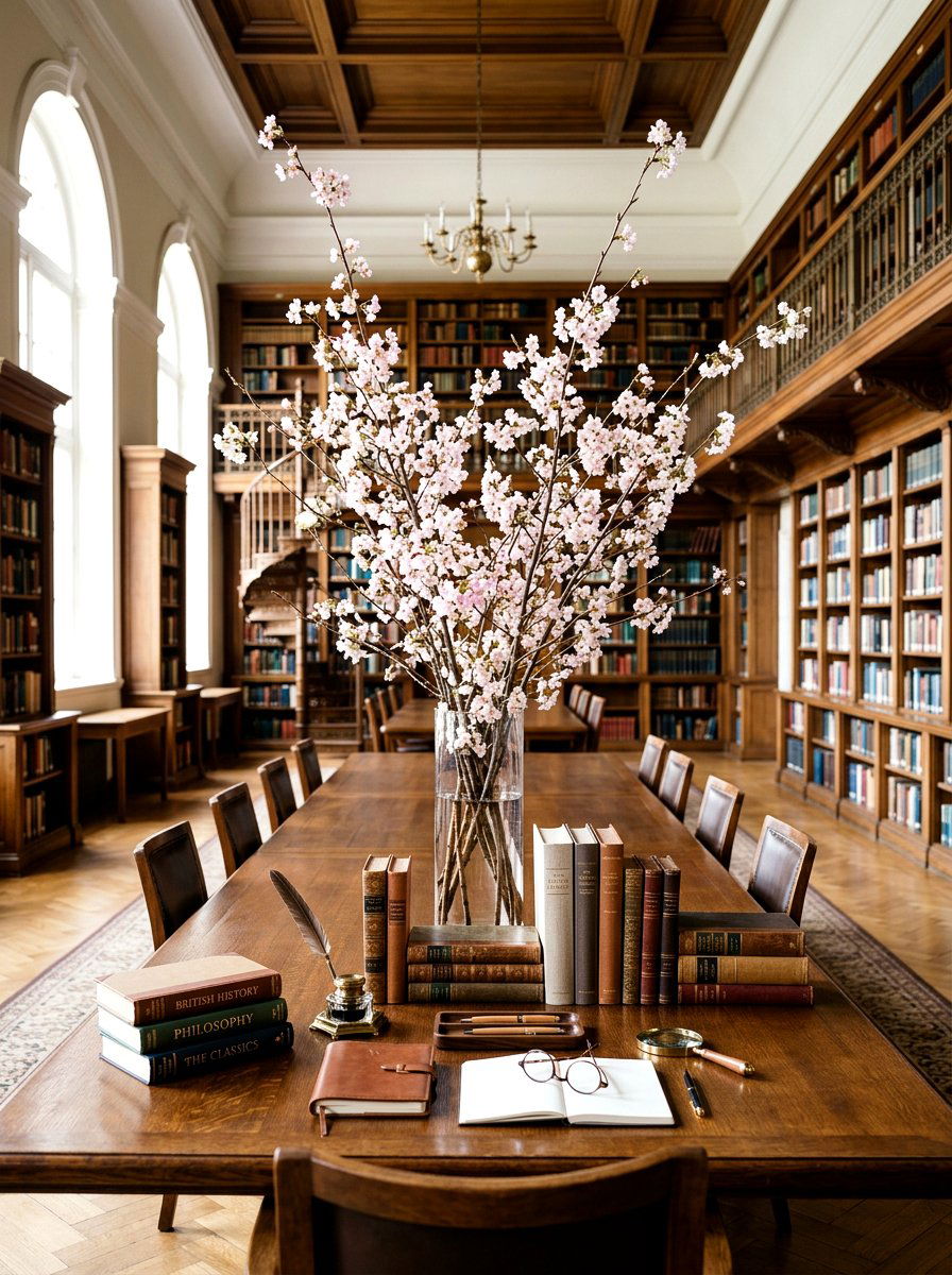 Library table with flower vase - 25 Spring Library Decor Ideas