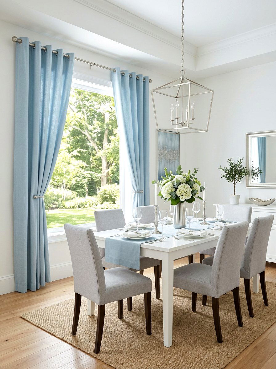 Light Blue Cotton Drape - 25 Spring Dining Room Curtain Ideas