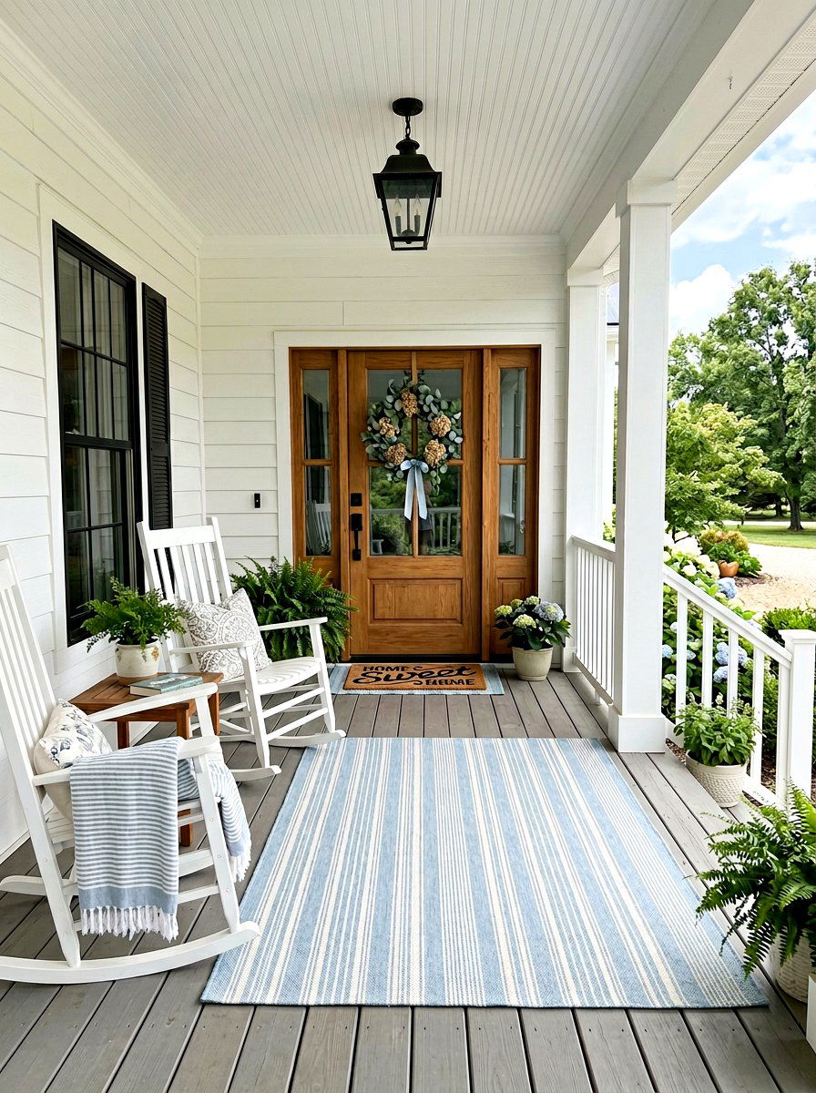 Light Blue Ticking Stripe Rug - 25 Spring Doormat Layering Ideas
