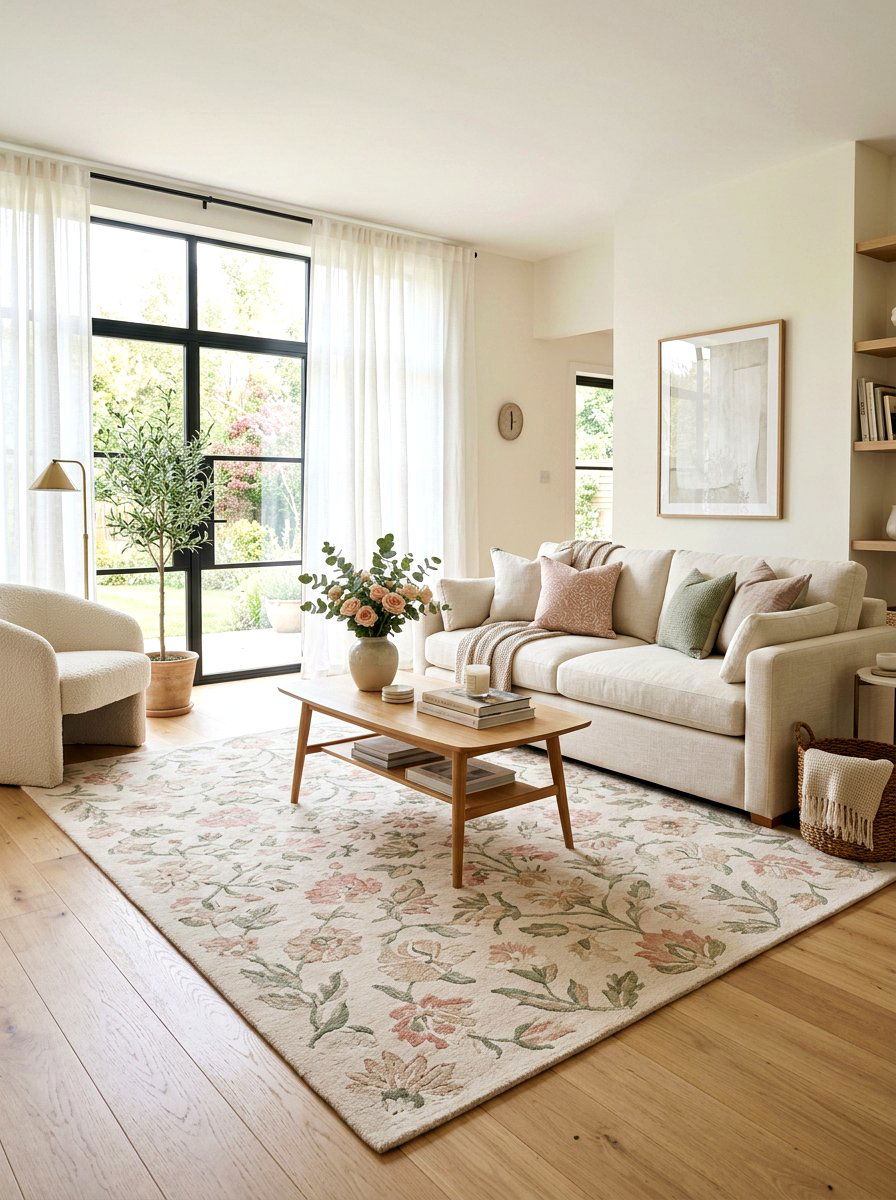 Light Floral Rug - 25 Spring Living Room Rug Ideas