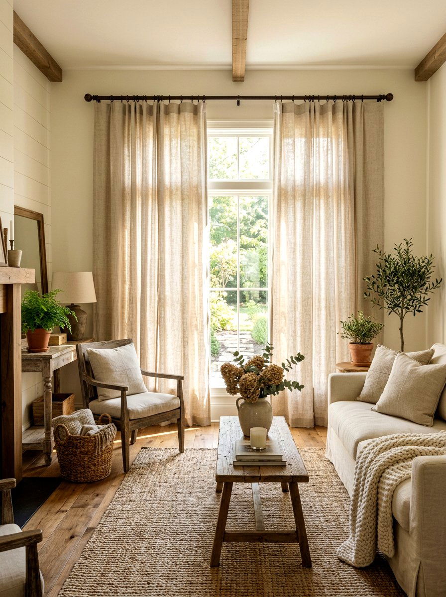 Light Linen Curtains - 25 Spring Living Room Curtain Ideas