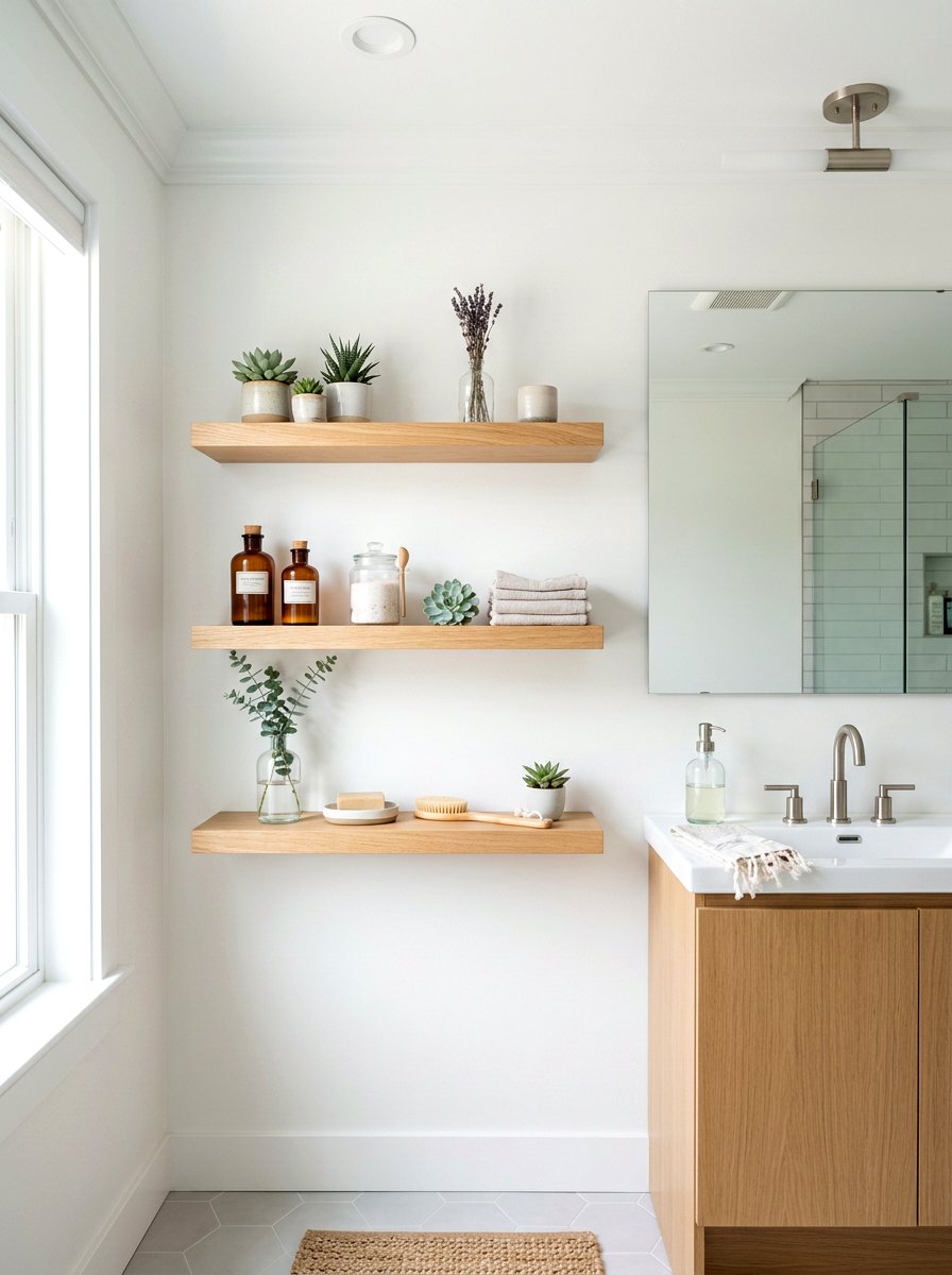 Light Oak Floating Shelves - 25 Spring Bathroom Decor Ideas