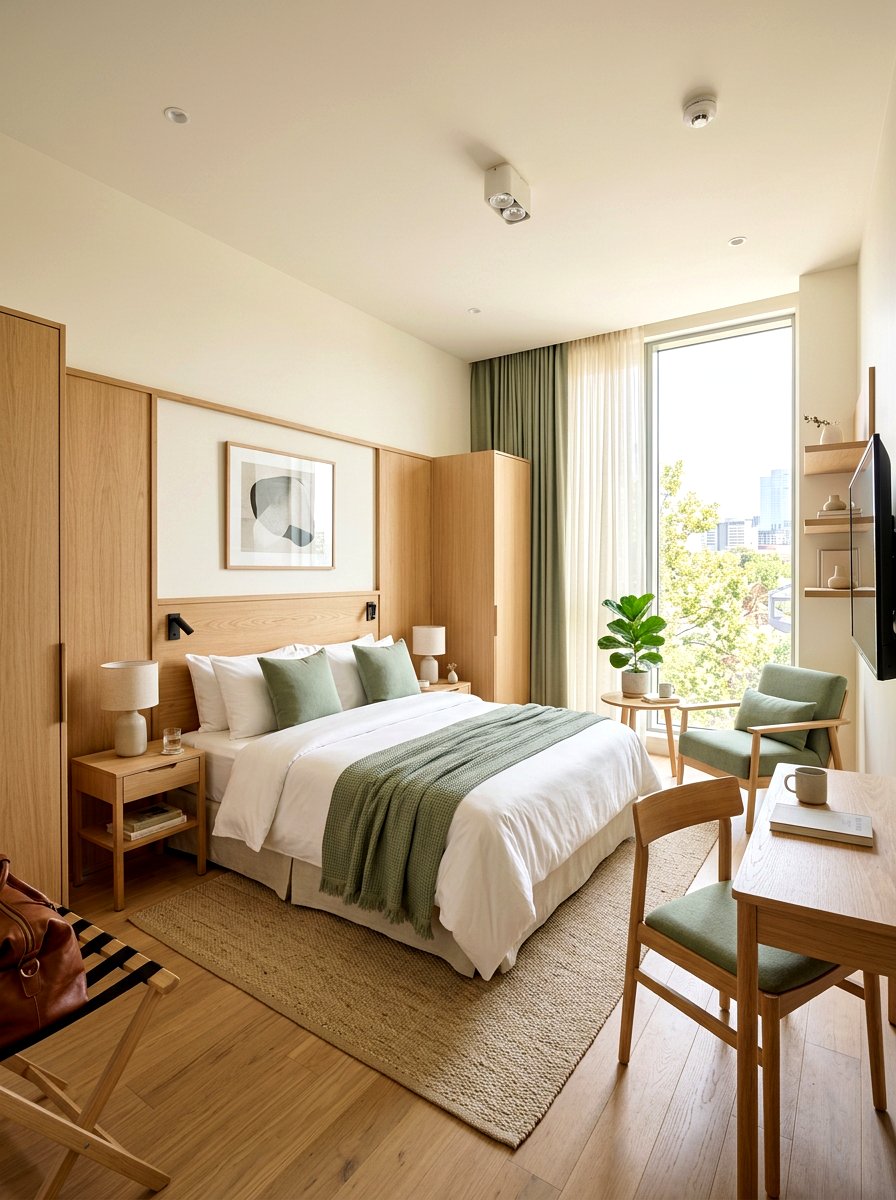 Light Wood Accents - 25 Spring Hotel Room Decor Ideas